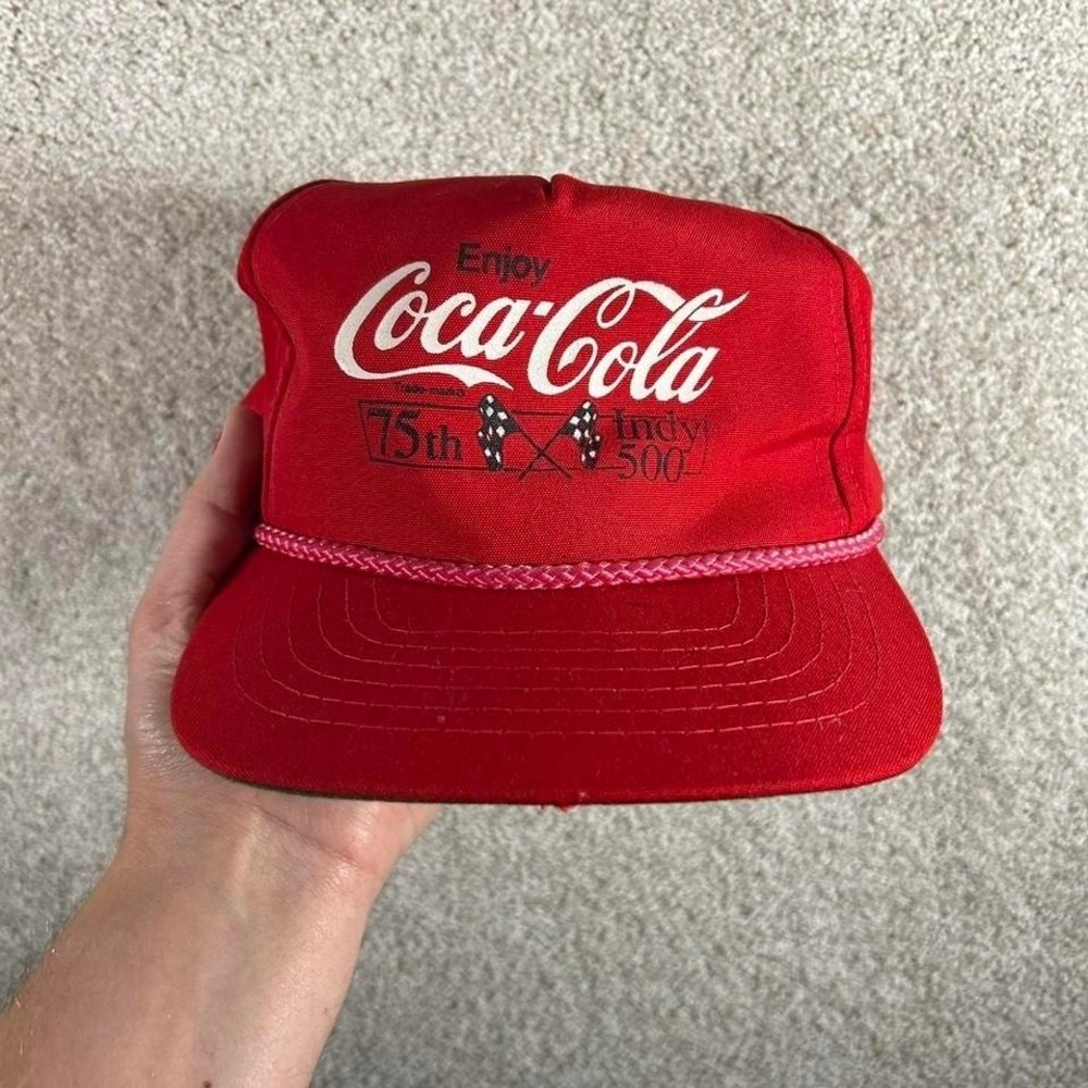 Vintage 90s Coca-Cola Indy 500 red roped trucker style SnapBack hat cap